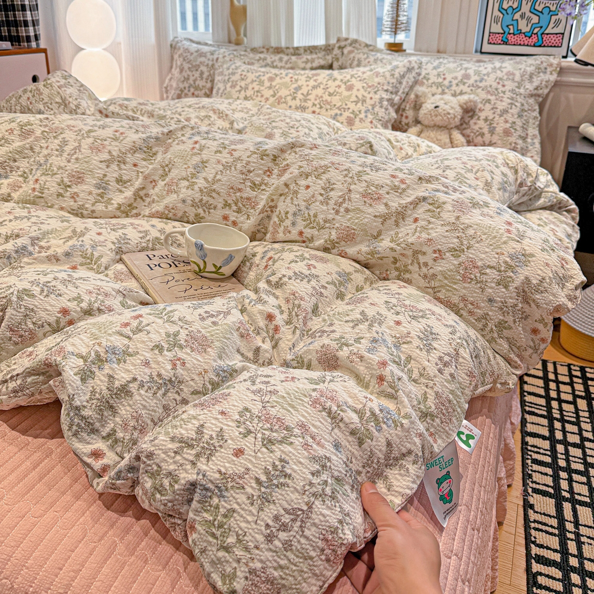 91家纺网 家纺一手货源 找家纺 富米莱（原臻工厂） 2026新款云感泡芙棉小清新印花简约床盖床裙四件套一小红书推荐 简约-莓果庄园