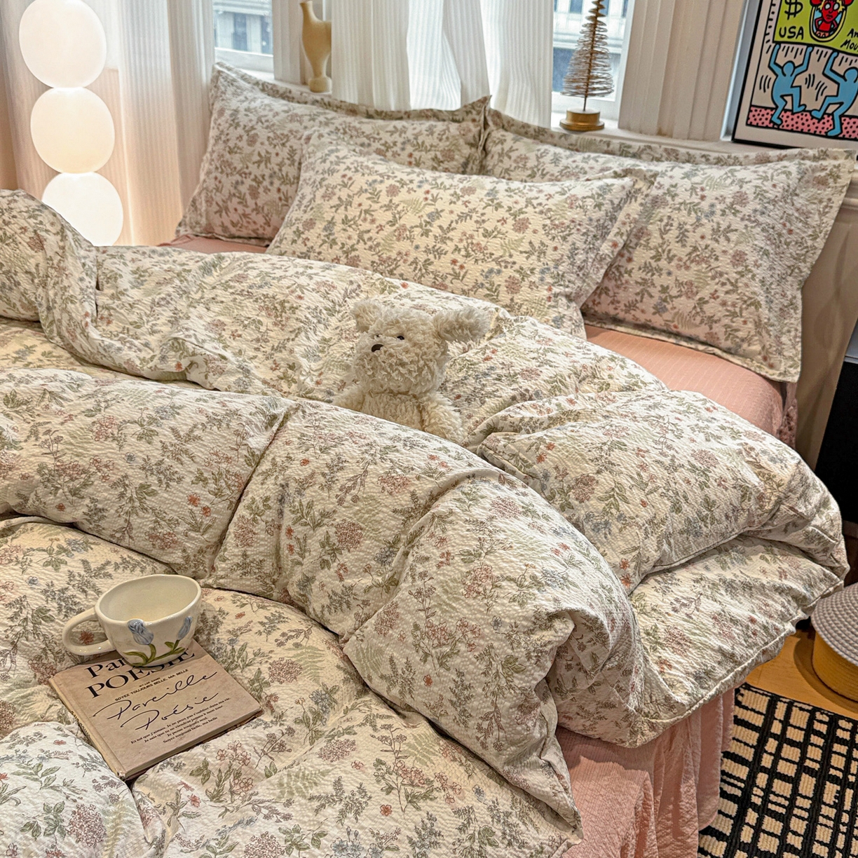 91家纺网 家纺一手货源 找家纺 富米莱（原臻工厂） 2026新款云感泡芙棉小清新印花简约床盖床裙四件套一小红书推荐 简约-莓果庄园