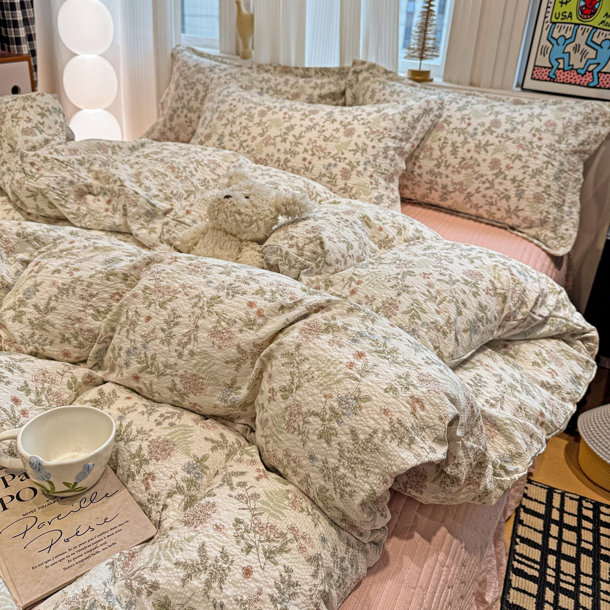 91家纺网 家纺一手货源 找家纺 富米莱（原臻工厂） 2026新款云感泡芙棉小清新印花简约床盖床裙四件套一小红书推荐 简约-莓果庄园