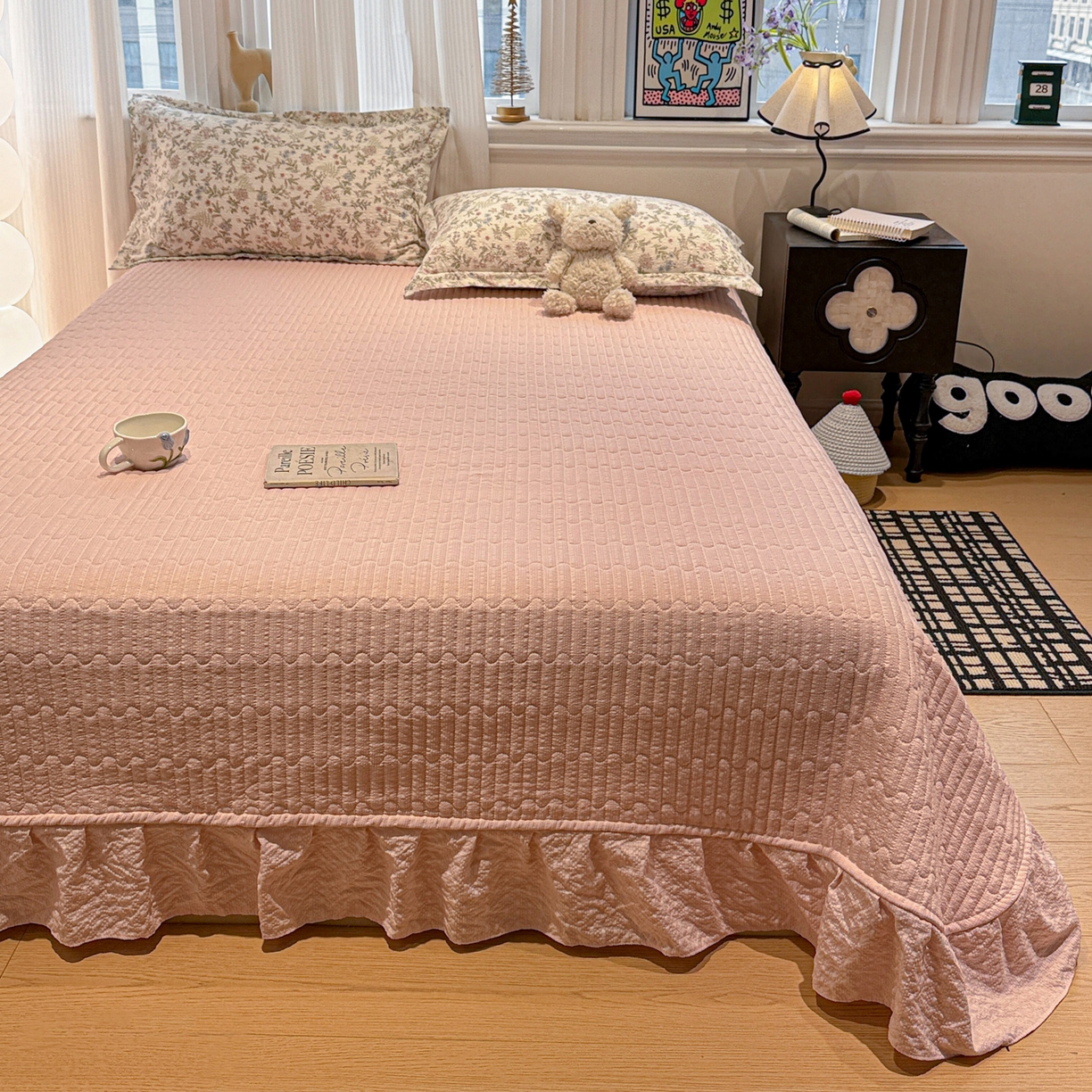 91家纺网 家纺一手货源 找家纺 富米莱（原臻工厂） 2026新款云感泡芙棉小清新印花简约床盖床裙四件套一小红书推荐 简约-莓果庄园