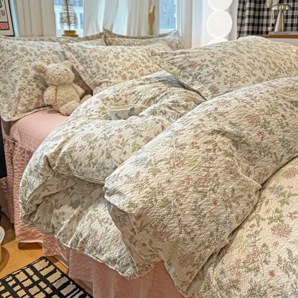 91家纺网 家纺一手货源 找家纺 富米莱（原臻工厂） 2026新款云感泡芙棉小清新印花简约床盖床裙四件套一小红书推荐 简约-莓果庄园