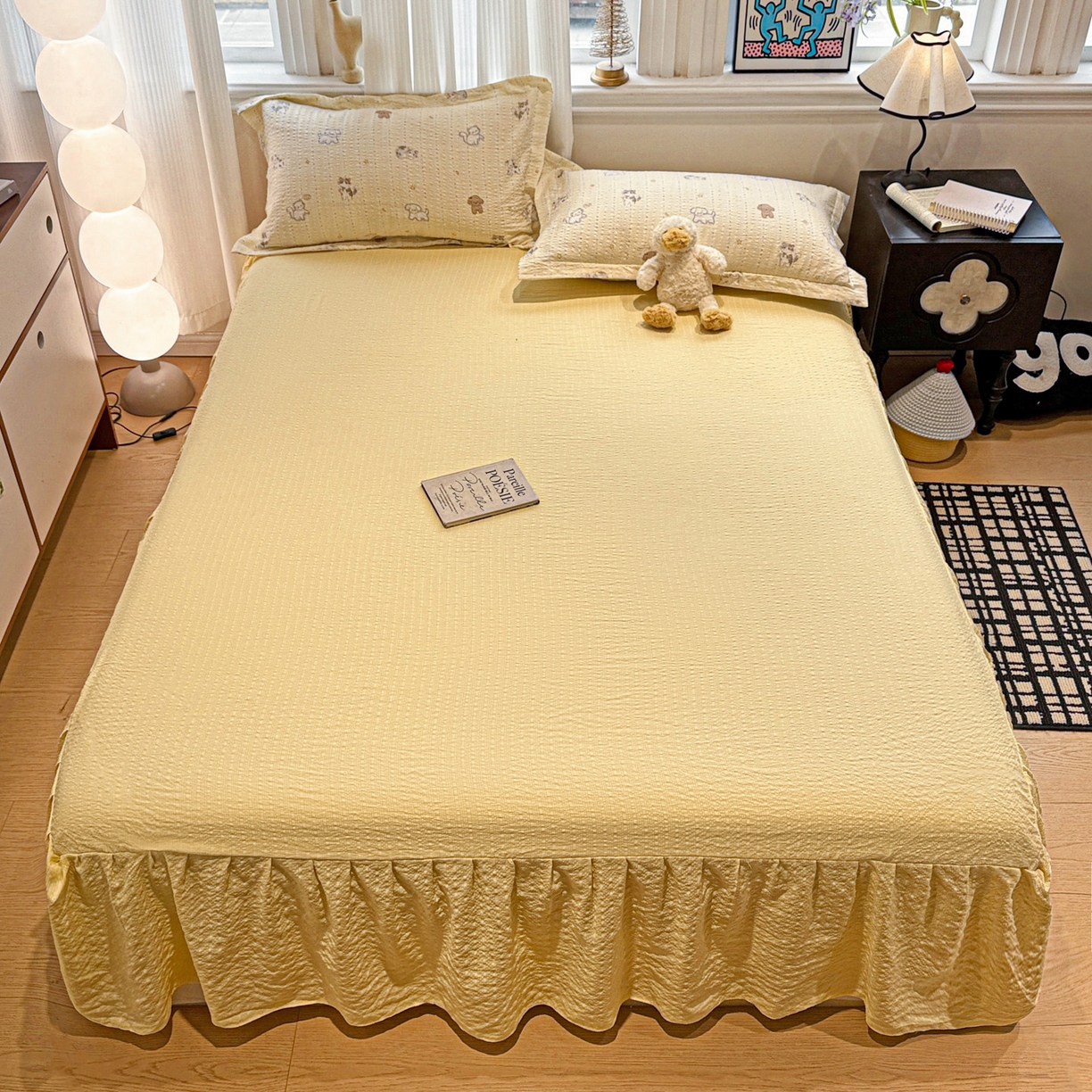 91家纺网 家纺一手货源 找家纺 富米莱（原臻工厂） 2026新款云感泡芙棉小清新印花简约床盖床裙四件套一小红书推荐 简约-奶萌狗