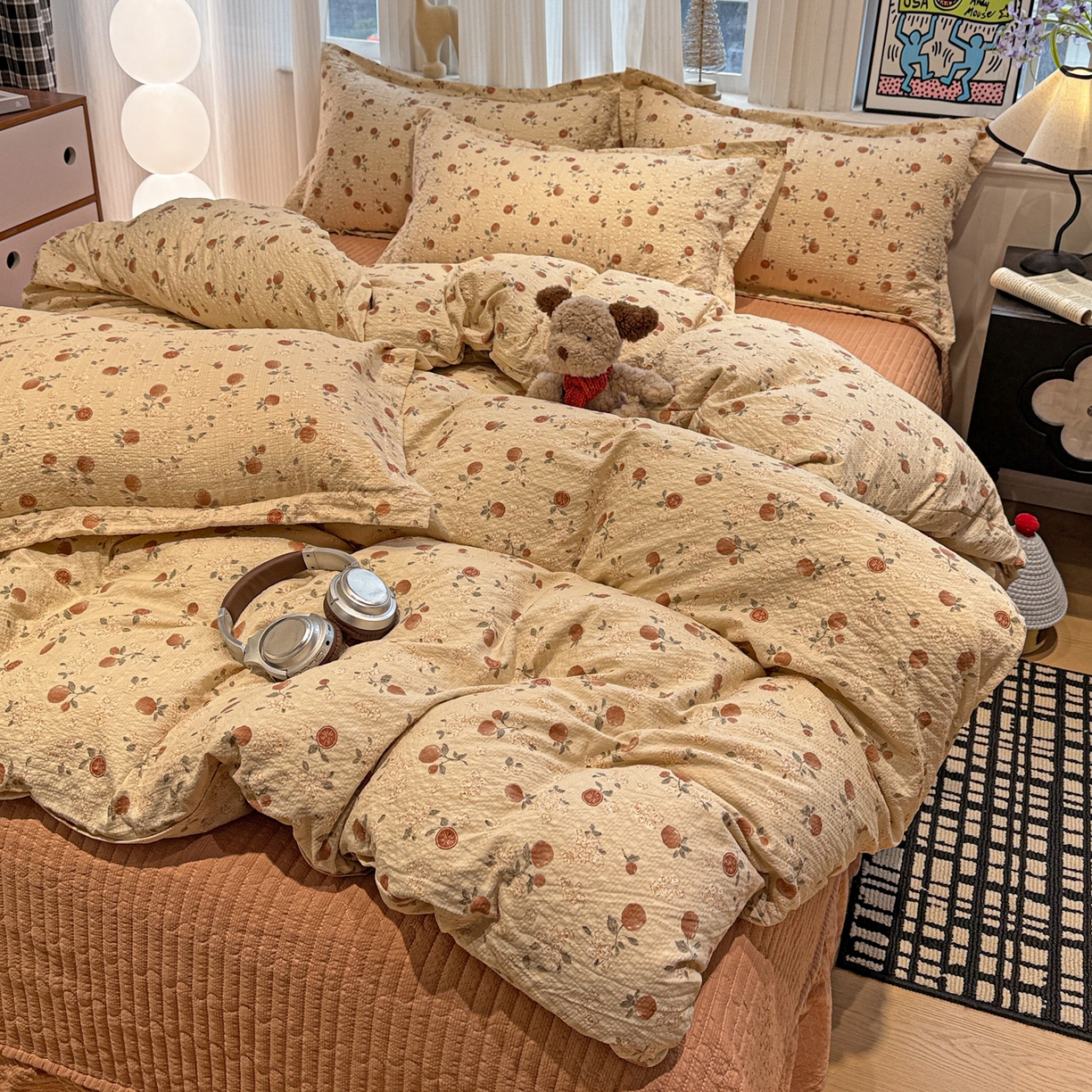 91家纺网 家纺一手货源 找家纺 富米莱（原臻工厂） 2026新款云感泡芙棉小清新印花简约床盖床裙四件套一小红书推荐 简约-秋日果园