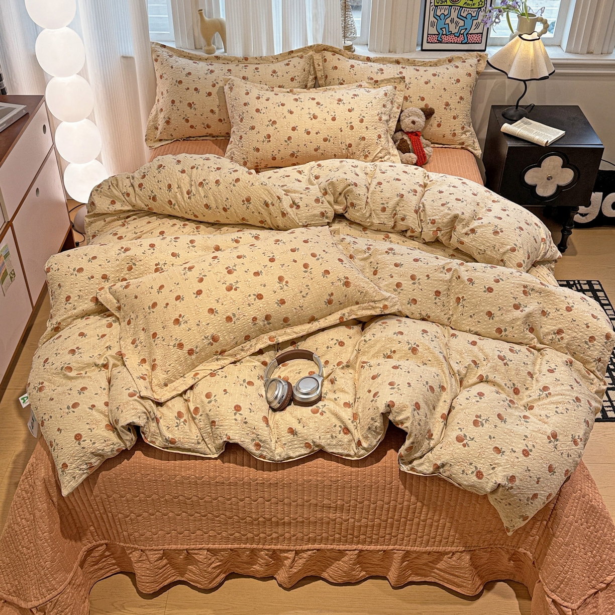 91家纺网 家纺一手货源 找家纺 富米莱（原臻工厂） 2026新款云感泡芙棉小清新印花简约床盖床裙四件套一小红书推荐 简约-秋日果园