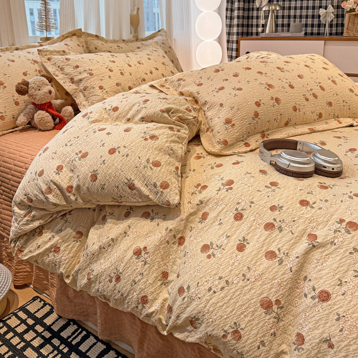 91家纺网 家纺一手货源 找家纺 富米莱（原臻工厂） 2026新款云感泡芙棉小清新印花简约床盖床裙四件套一小红书推荐 简约-秋日果园