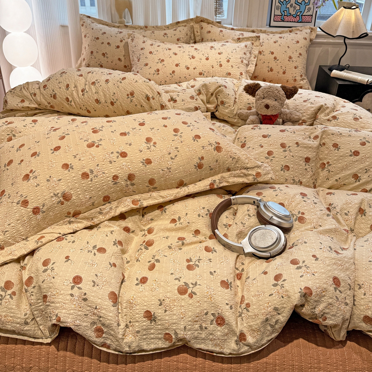 91家纺网 家纺一手货源 找家纺 富米莱（原臻工厂） 2026新款云感泡芙棉小清新印花简约床盖床裙四件套一小红书推荐 简约-秋日果园