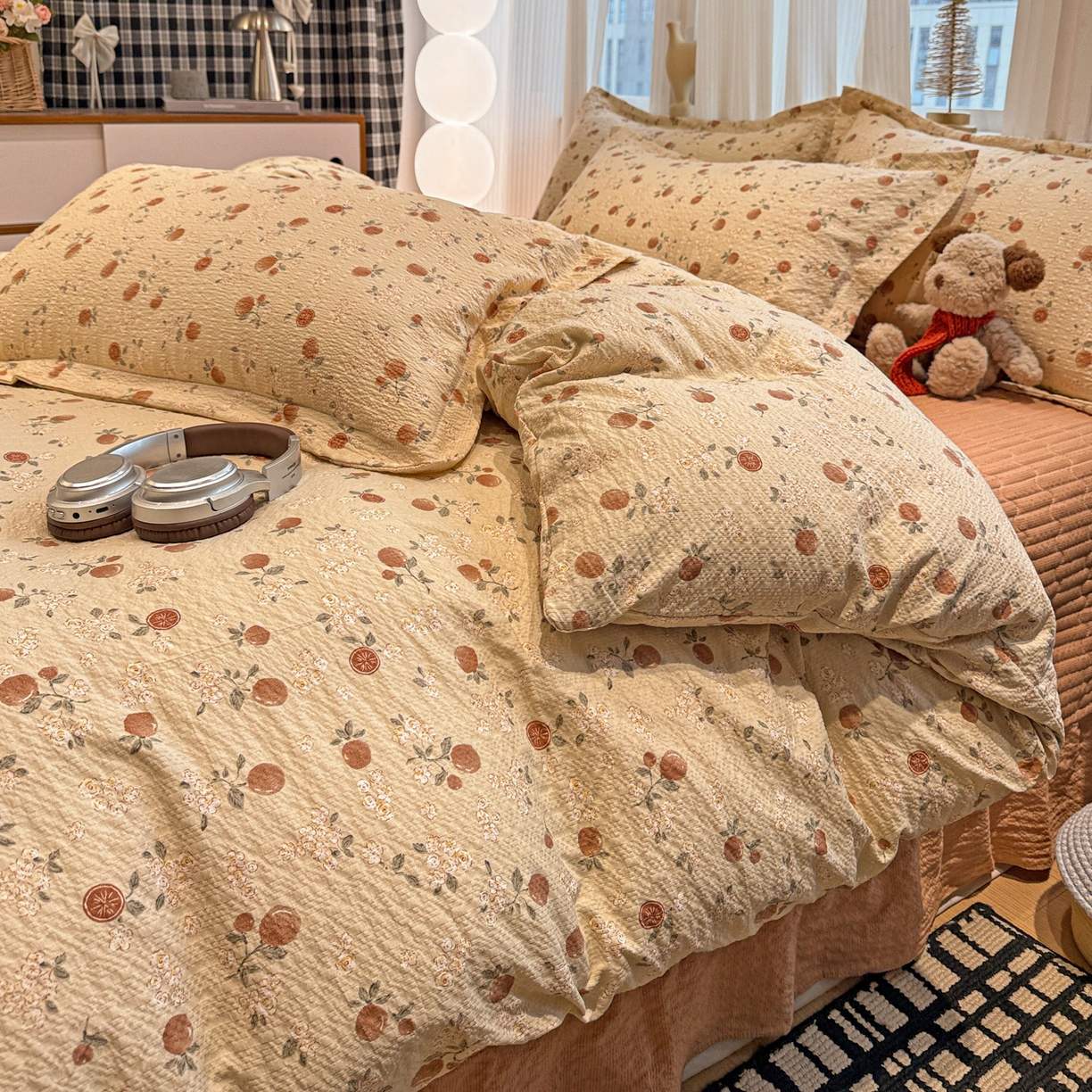 91家纺网 家纺一手货源 找家纺 富米莱（原臻工厂） 2026新款云感泡芙棉小清新印花简约床盖床裙四件套一小红书推荐 简约-秋日果园