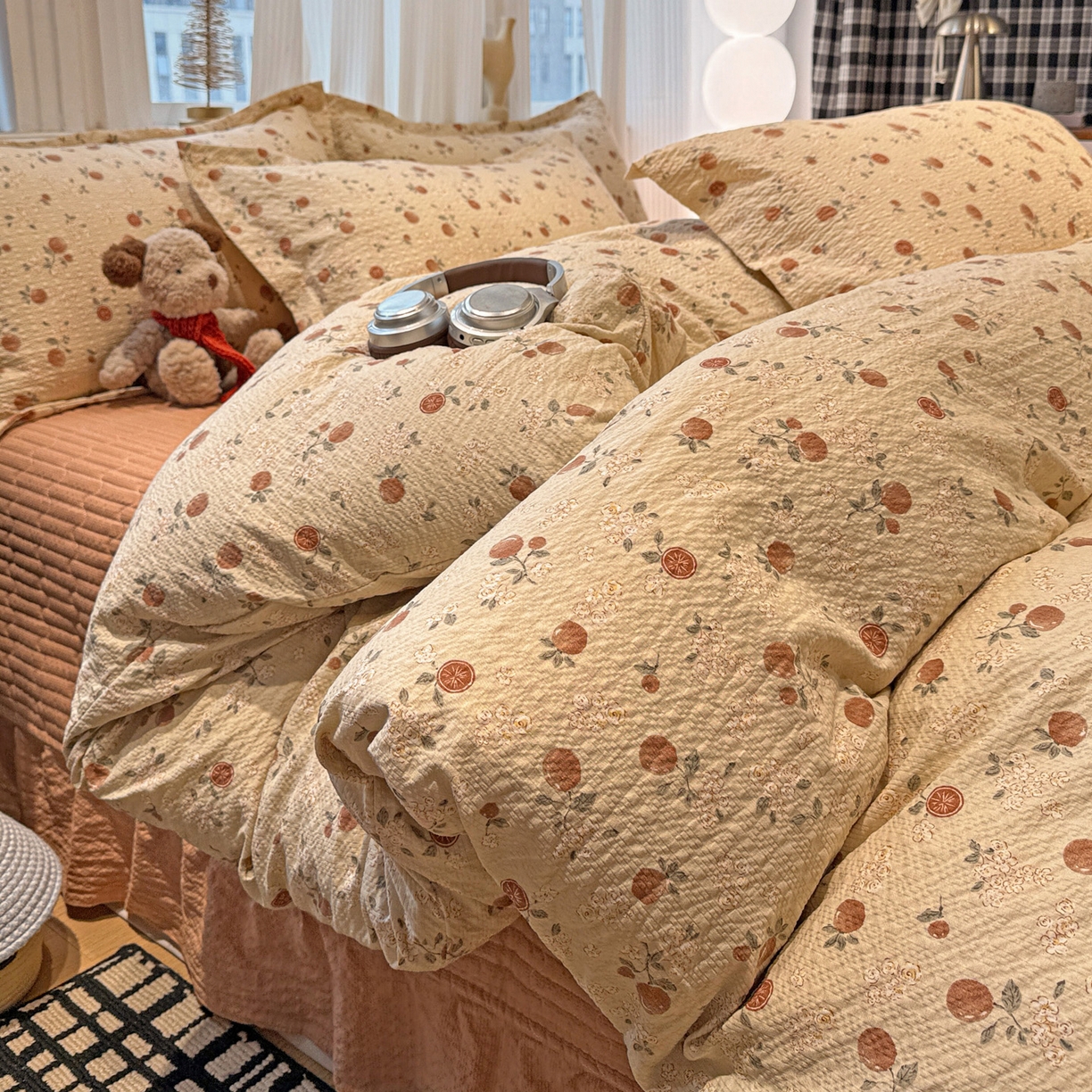 91家纺网 家纺一手货源 找家纺 富米莱（原臻工厂） 2026新款云感泡芙棉小清新印花简约床盖床裙四件套一小红书推荐 简约-秋日果园