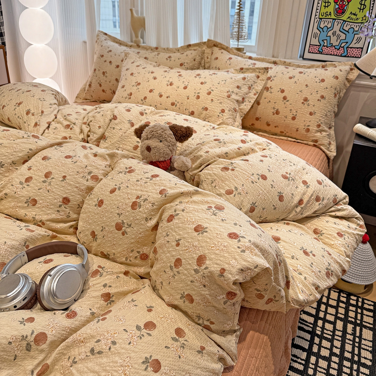 91家纺网 家纺一手货源 找家纺 富米莱（原臻工厂） 2026新款云感泡芙棉小清新印花简约床盖床裙四件套一小红书推荐 简约-秋日果园