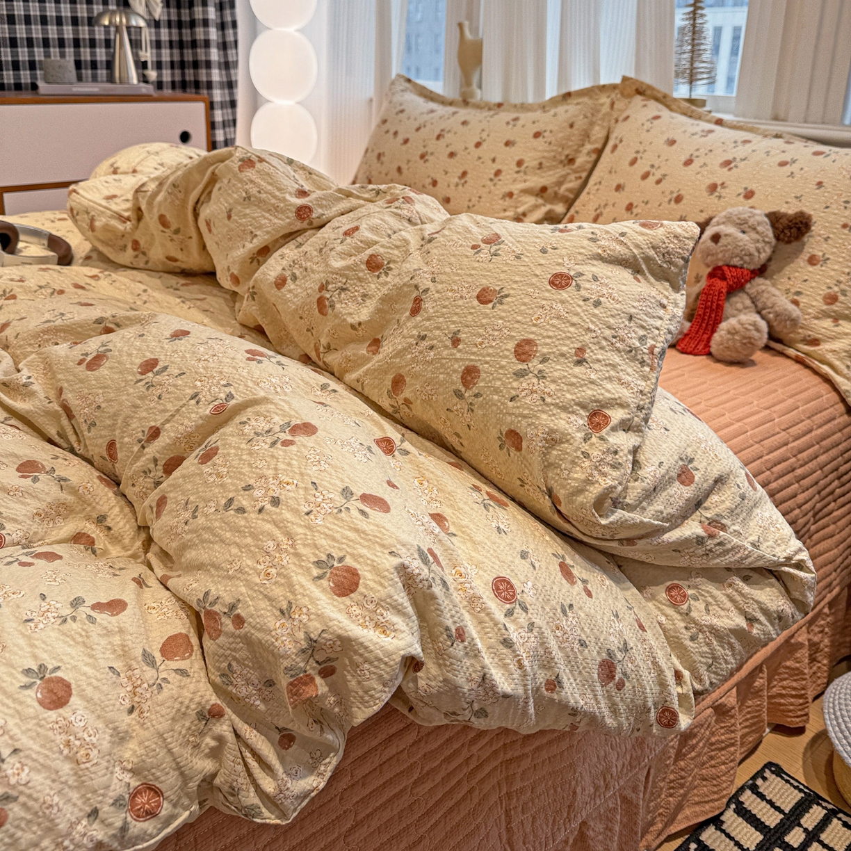 91家纺网 家纺一手货源 找家纺 富米莱（原臻工厂） 2026新款云感泡芙棉小清新印花简约床盖床裙四件套一小红书推荐 简约-秋日果园