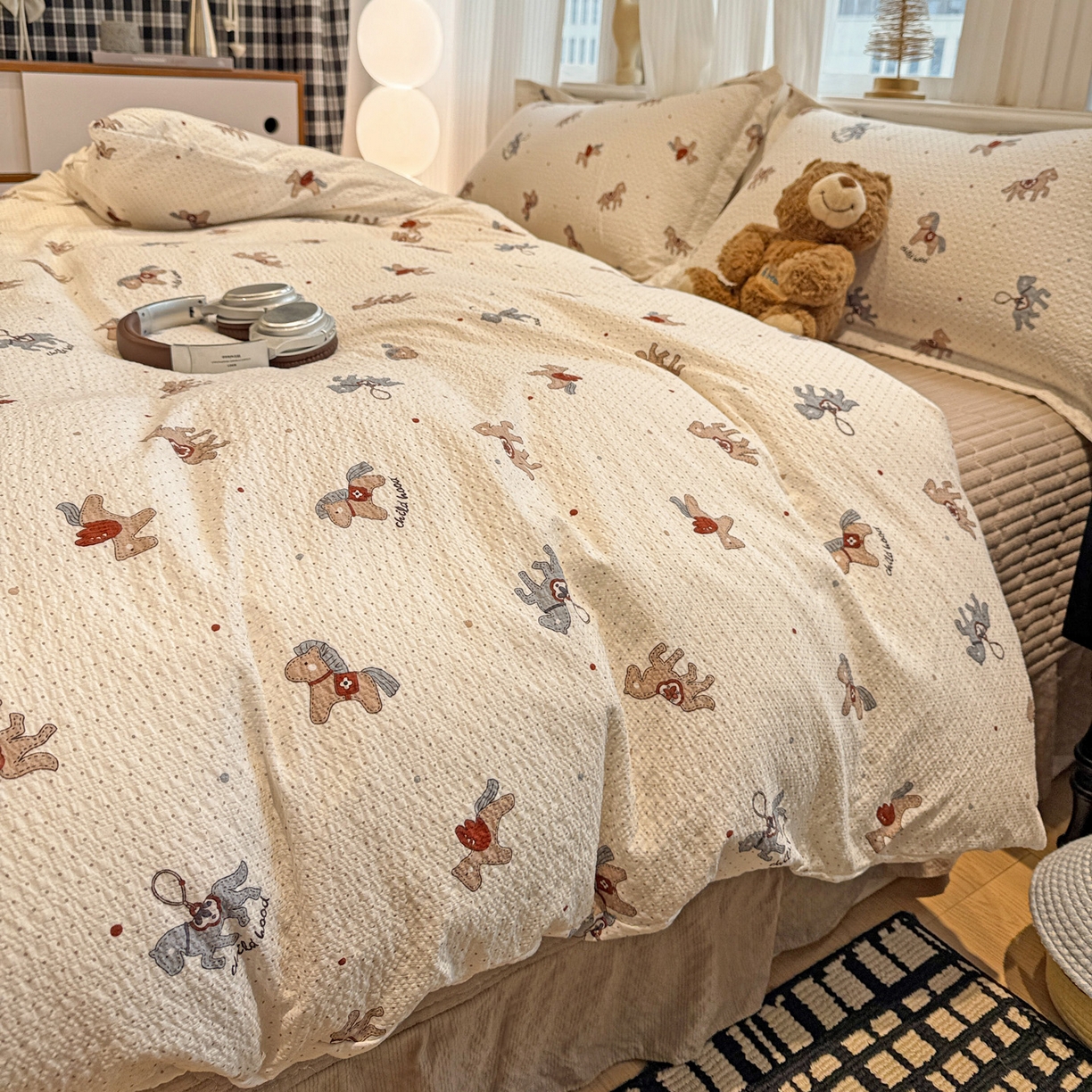 富米莱（原臻工厂） 2026新款云感泡芙棉小清新印花简约床盖床裙四件套一小红书推荐 简约-童趣木马