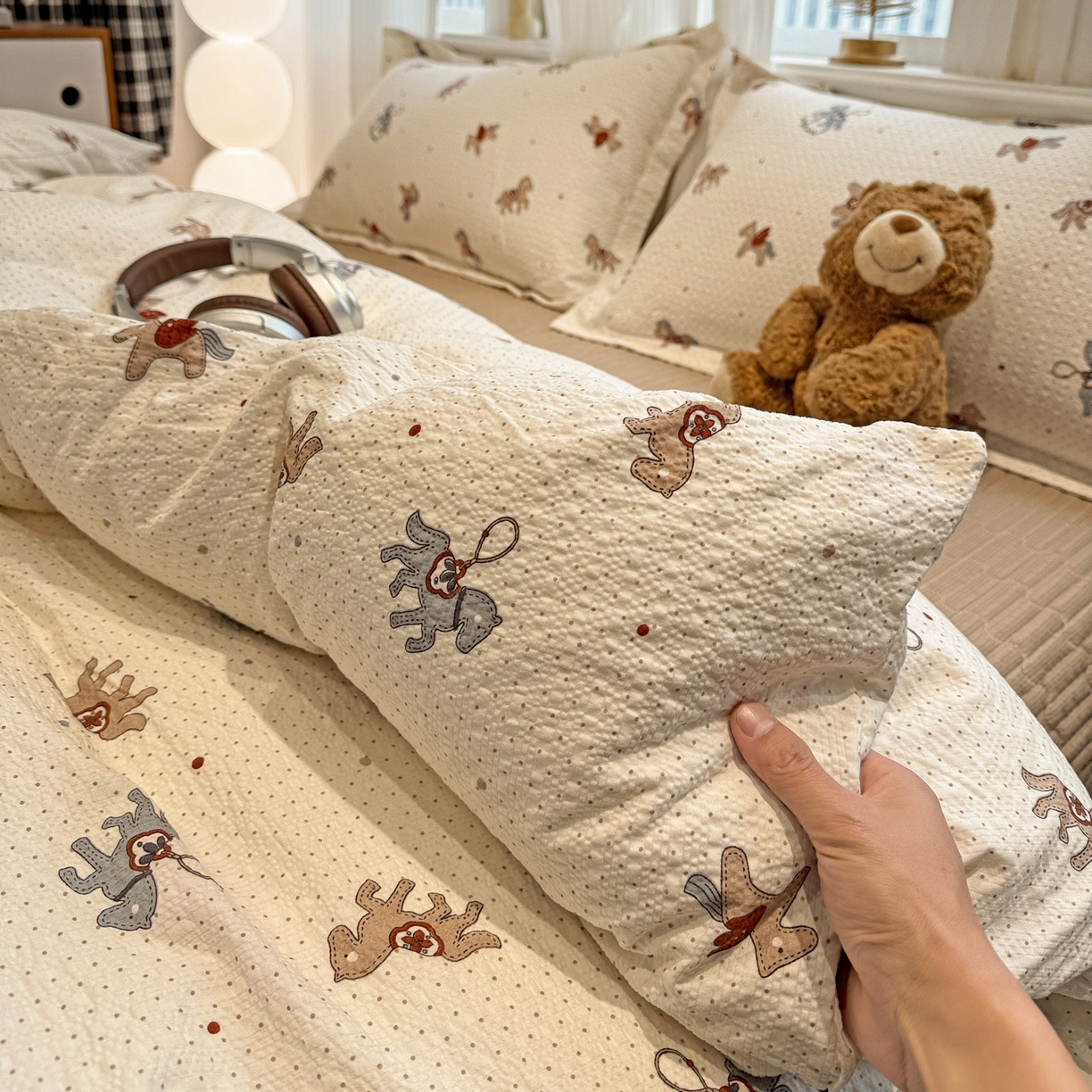 91家纺网 家纺一手货源 找家纺 富米莱（原臻工厂） 2026新款云感泡芙棉小清新印花简约床盖床裙四件套一小红书推荐 简约-童趣木马