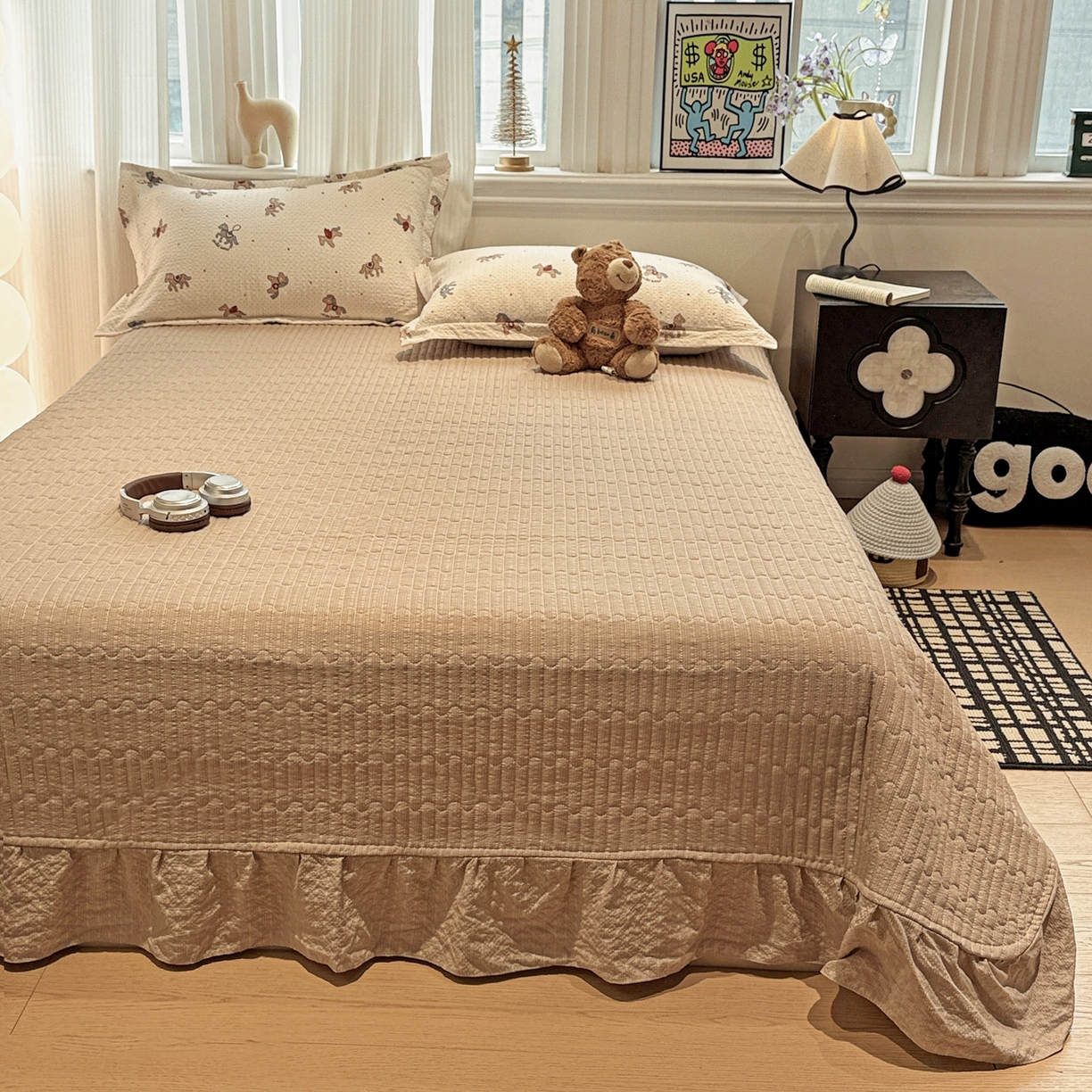 91家纺网 家纺一手货源 找家纺 富米莱（原臻工厂） 2026新款云感泡芙棉小清新印花简约床盖床裙四件套一小红书推荐 简约-童趣木马