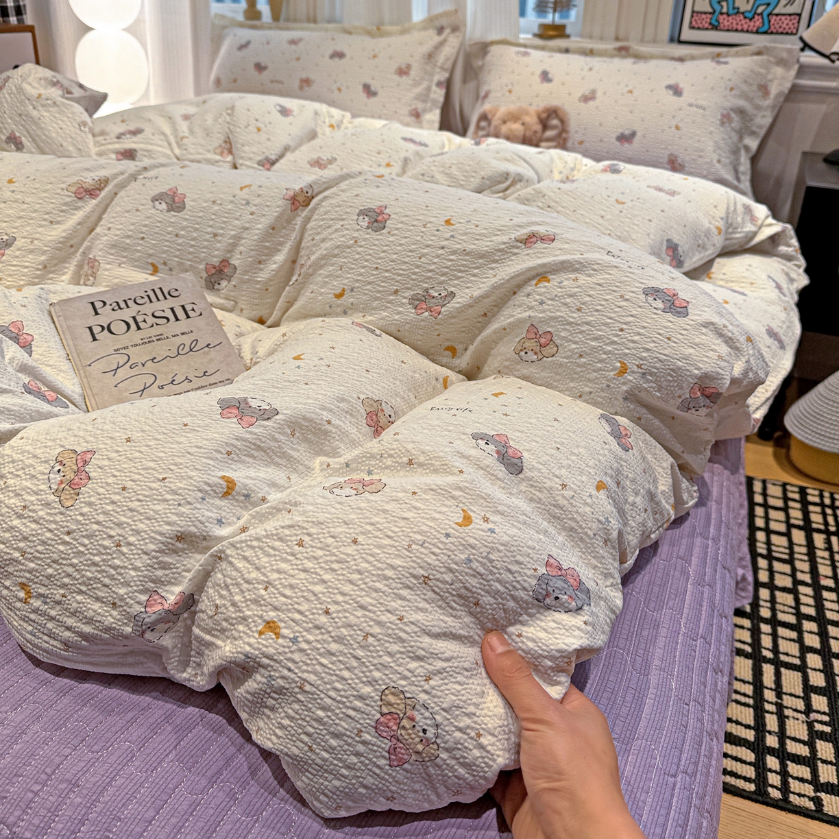 91家纺网 家纺一手货源 找家纺 富米莱（原臻工厂） 2026新款云感泡芙棉小清新印花简约床盖床裙四件套一小红书推荐 简约-星月狗狗