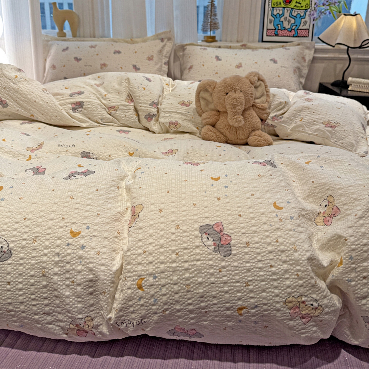 91家纺网 家纺一手货源 找家纺 富米莱（原臻工厂） 2026新款云感泡芙棉小清新印花简约床盖床裙四件套一小红书推荐 简约-星月狗狗