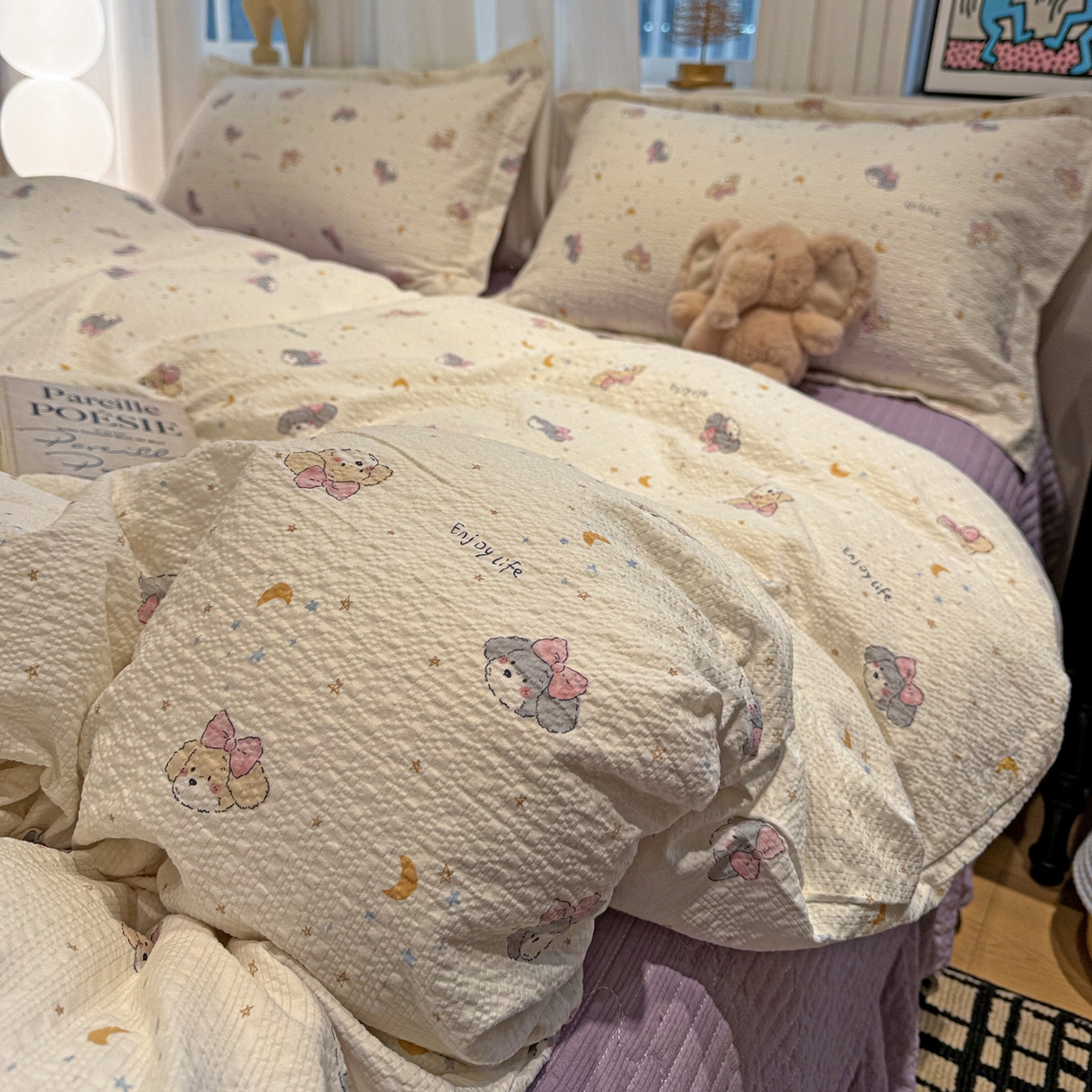 91家纺网 家纺一手货源 找家纺 富米莱（原臻工厂） 2026新款云感泡芙棉小清新印花简约床盖床裙四件套一小红书推荐 简约-星月狗狗