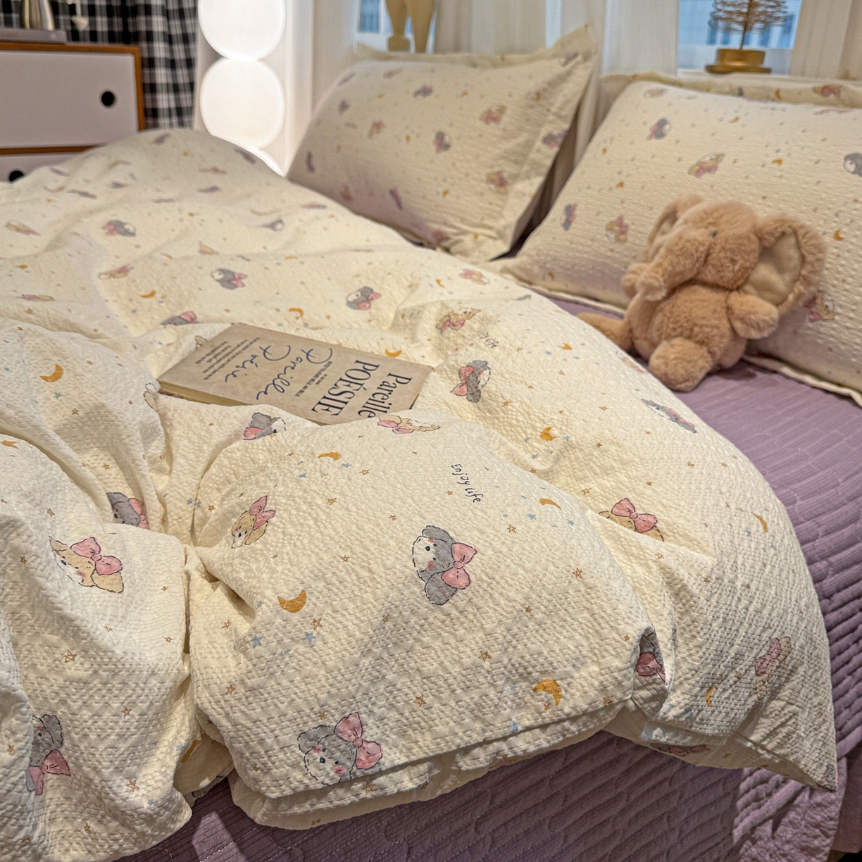 91家纺网 家纺一手货源 找家纺 富米莱（原臻工厂） 2026新款云感泡芙棉小清新印花简约床盖床裙四件套一小红书推荐 简约-星月狗狗