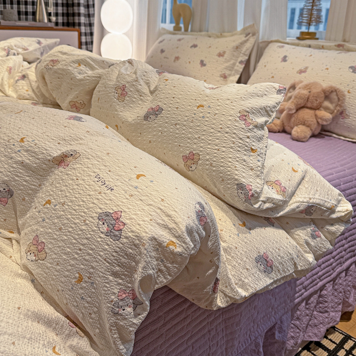 91家纺网 家纺一手货源 找家纺 富米莱（原臻工厂） 2026新款云感泡芙棉小清新印花简约床盖床裙四件套一小红书推荐 简约-星月狗狗