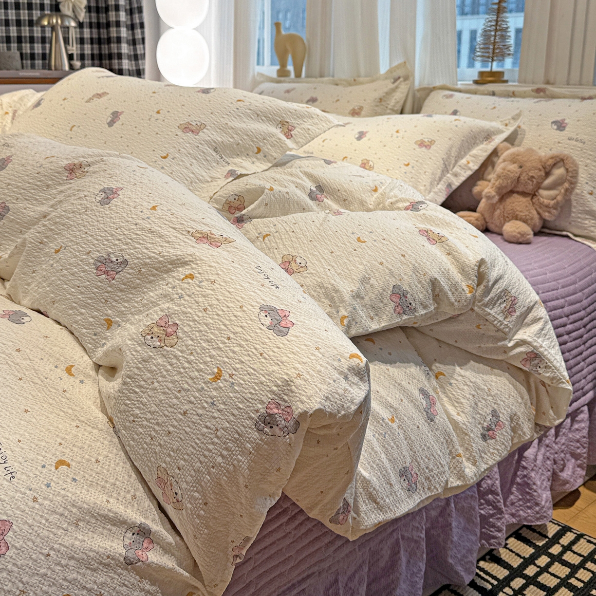 91家纺网 家纺一手货源 找家纺 富米莱（原臻工厂） 2026新款云感泡芙棉小清新印花简约床盖床裙四件套一小红书推荐 简约-星月狗狗