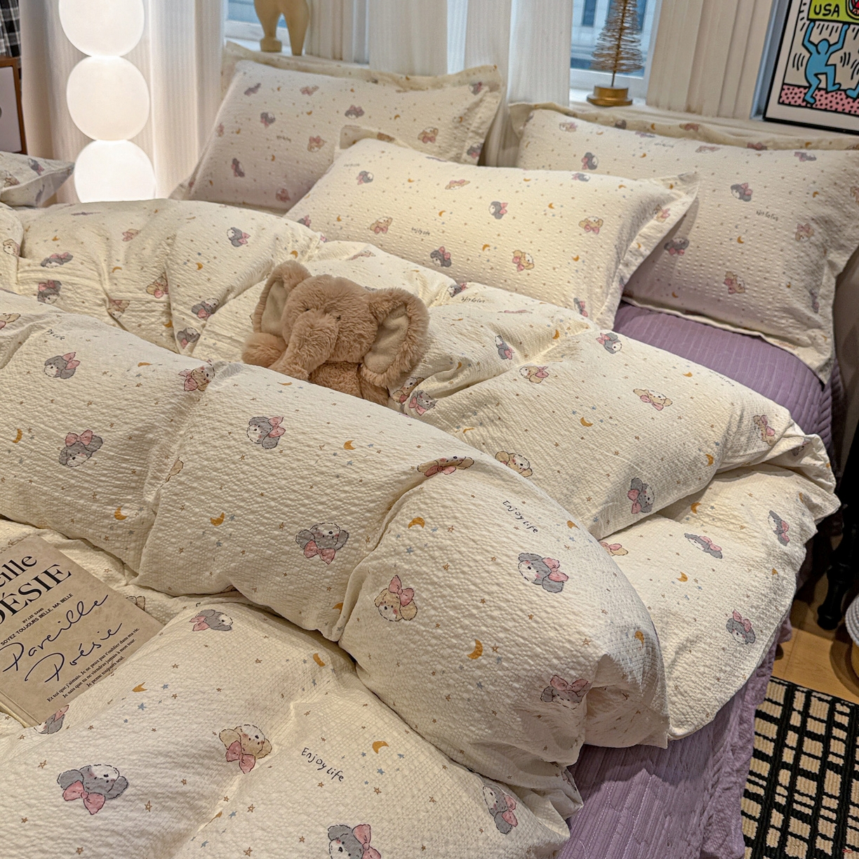 91家纺网 家纺一手货源 找家纺 富米莱（原臻工厂） 2026新款云感泡芙棉小清新印花简约床盖床裙四件套一小红书推荐 简约-星月狗狗