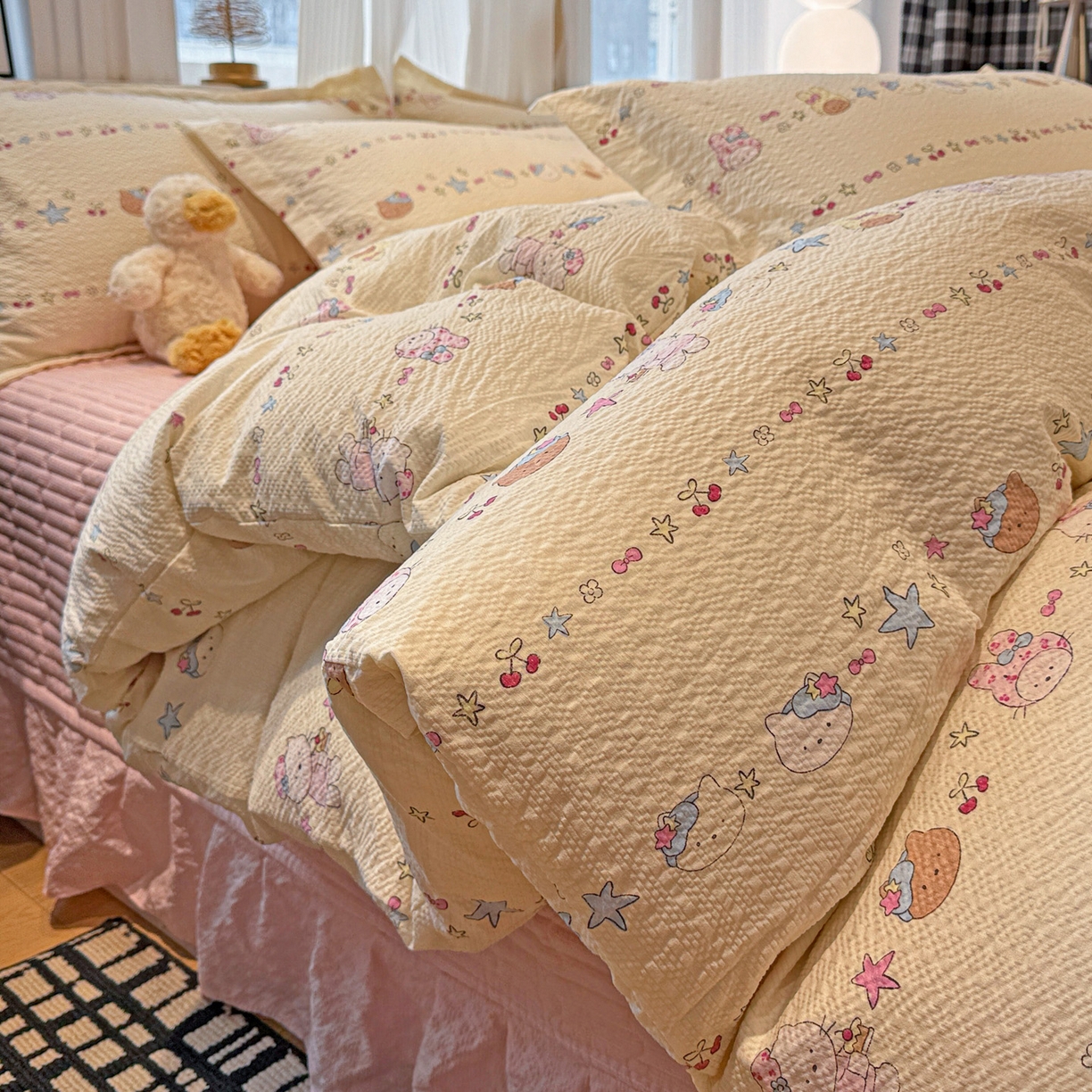 91家纺网 家纺一手货源 找家纺 富米莱（原臻工厂） 2026新款云感泡芙棉小清新印花简约床盖床裙四件套一小红书推荐 简约-星月童话