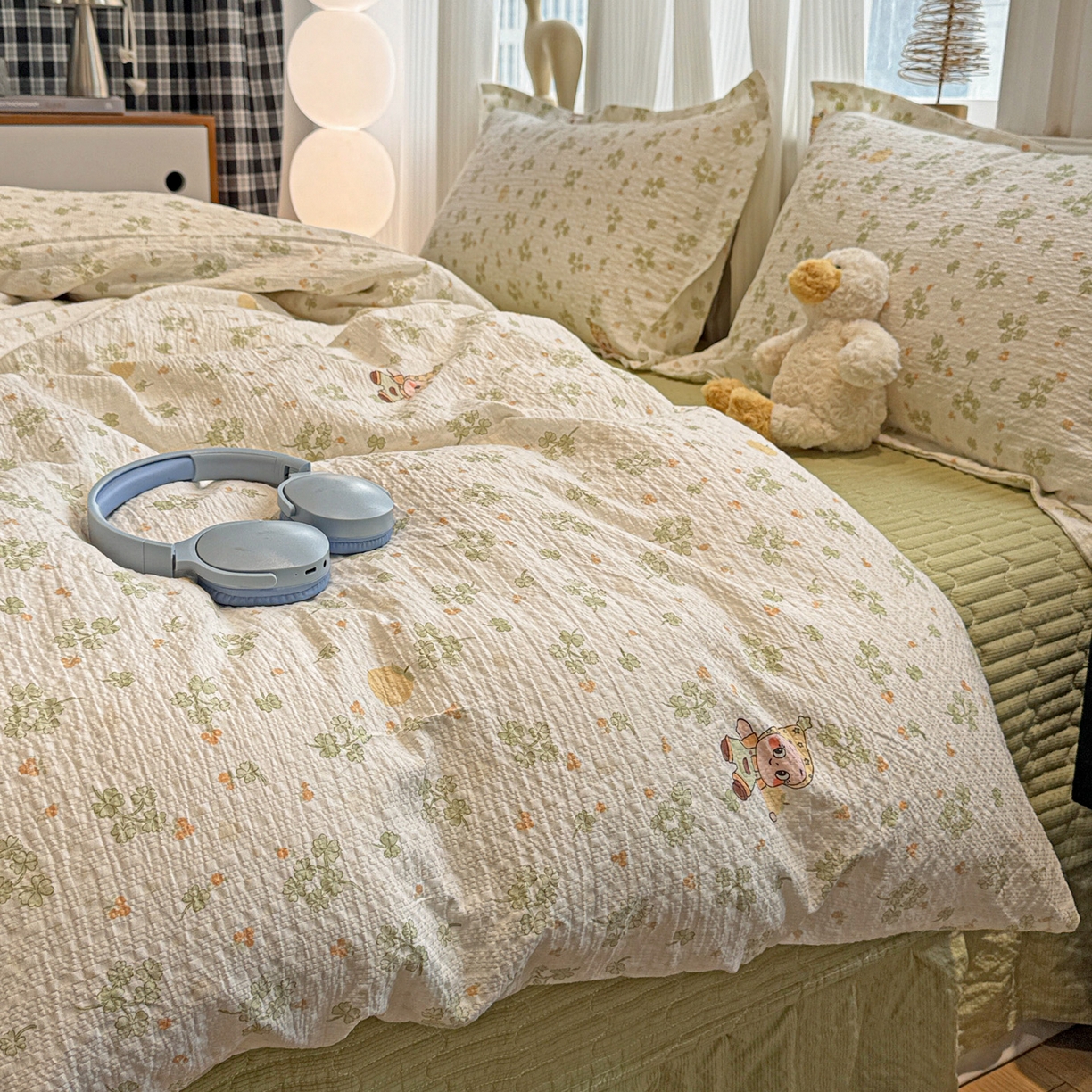 富米莱（原臻工厂） 2026新款云感泡芙棉小清新印花简约床盖床裙四件套一小红书推荐 简约-幸运草语