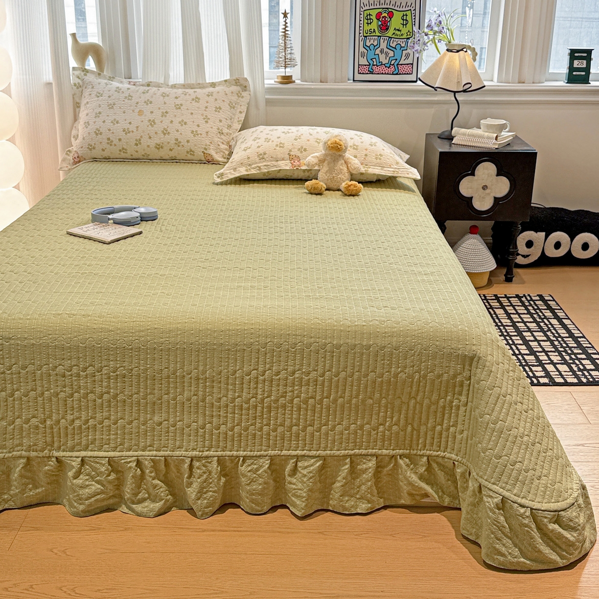 91家纺网 家纺一手货源 找家纺 富米莱（原臻工厂） 2026新款云感泡芙棉小清新印花简约床盖床裙四件套一小红书推荐 简约-幸运草语