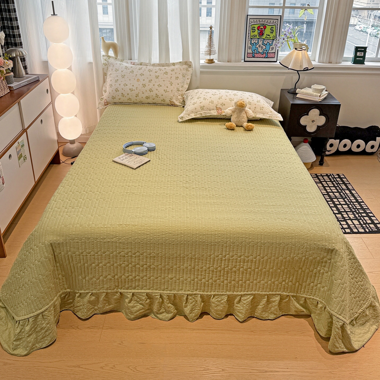 91家纺网 家纺一手货源 找家纺 富米莱（原臻工厂） 2026新款云感泡芙棉小清新印花简约床盖床裙四件套一小红书推荐 简约-幸运草语