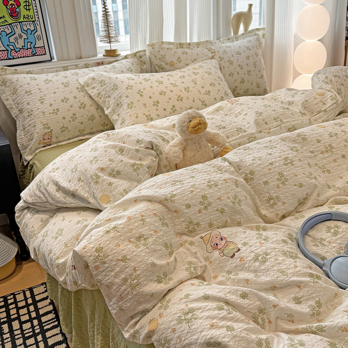 91家纺网 家纺一手货源 找家纺 富米莱（原臻工厂） 2026新款云感泡芙棉小清新印花简约床盖床裙四件套一小红书推荐 简约-幸运草语