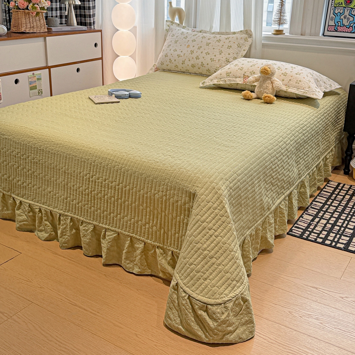 91家纺网 家纺一手货源 找家纺 富米莱（原臻工厂） 2026新款云感泡芙棉小清新印花简约床盖床裙四件套一小红书推荐 简约-幸运草语