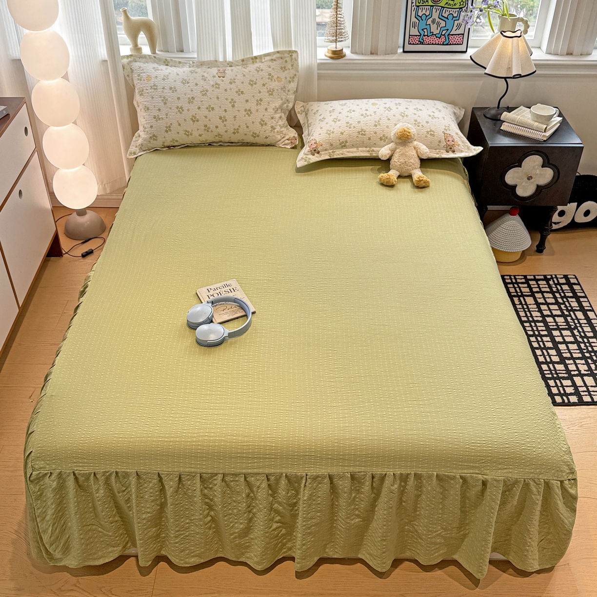 91家纺网 家纺一手货源 找家纺 富米莱（原臻工厂） 2026新款云感泡芙棉小清新印花简约床盖床裙四件套一小红书推荐 简约-幸运草语