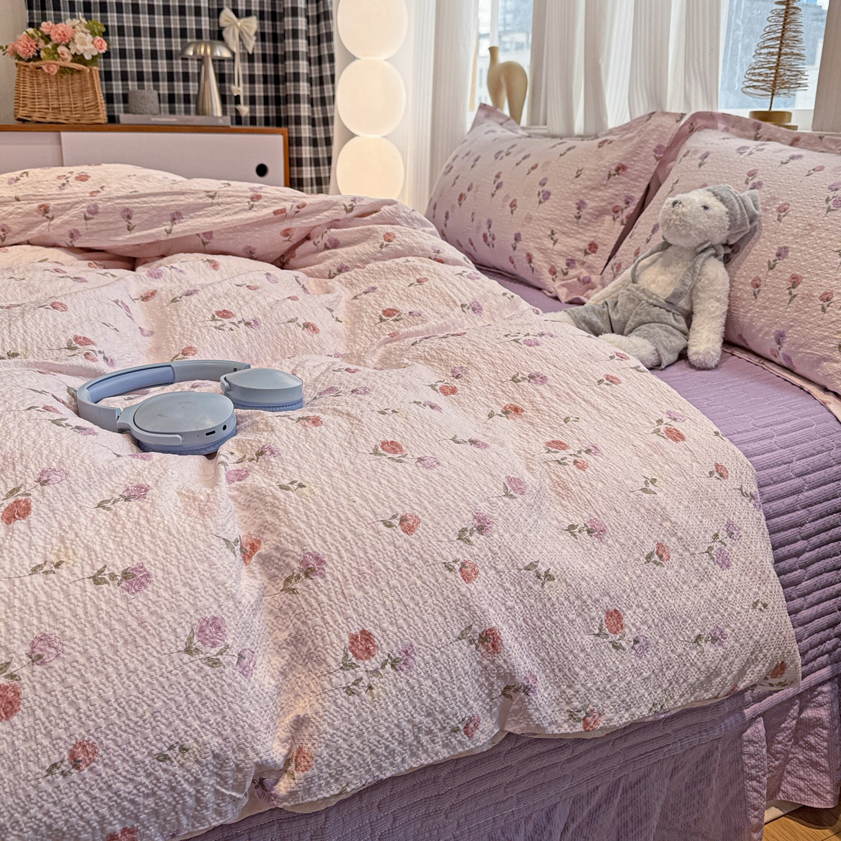 富米莱（原臻工厂） 2026新款云感泡芙棉小清新印花简约床盖床裙四件套一小红书推荐 简约-紫玫瑰