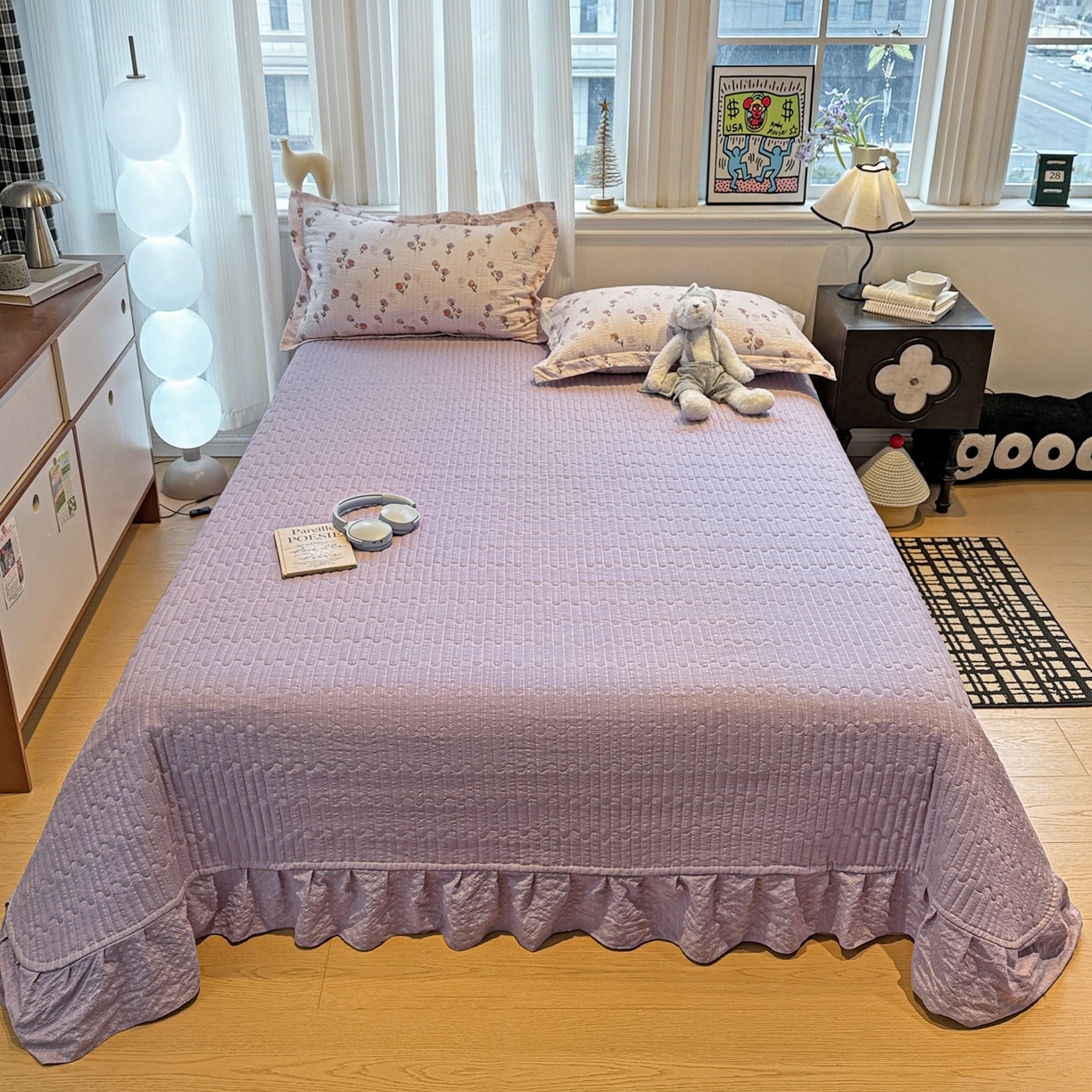 91家纺网 家纺一手货源 找家纺 富米莱（原臻工厂） 2026新款云感泡芙棉小清新印花简约床盖床裙四件套一小红书推荐 简约-紫玫瑰