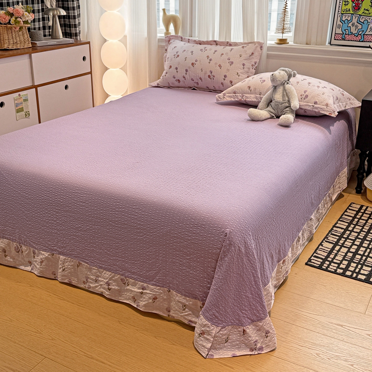 91家纺网 家纺一手货源 找家纺 富米莱（原臻工厂） 2026新款云感泡芙棉小清新印花简约床盖床裙四件套一小红书推荐 简约-紫玫瑰