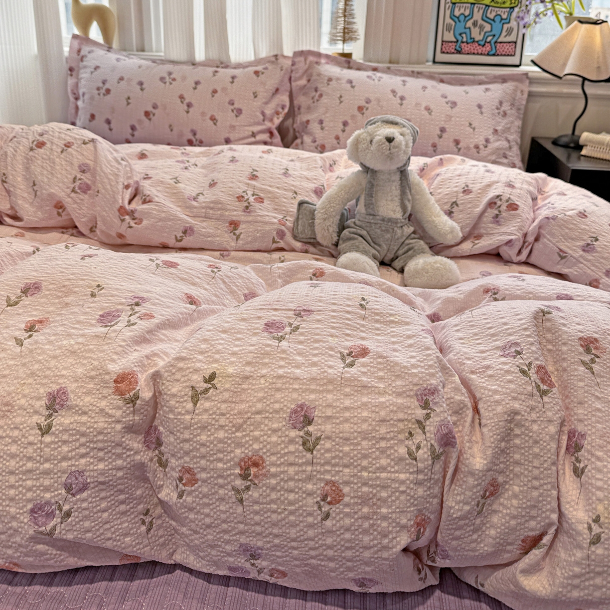 91家纺网 家纺一手货源 找家纺 富米莱（原臻工厂） 2026新款云感泡芙棉小清新印花简约床盖床裙四件套一小红书推荐 简约-紫玫瑰