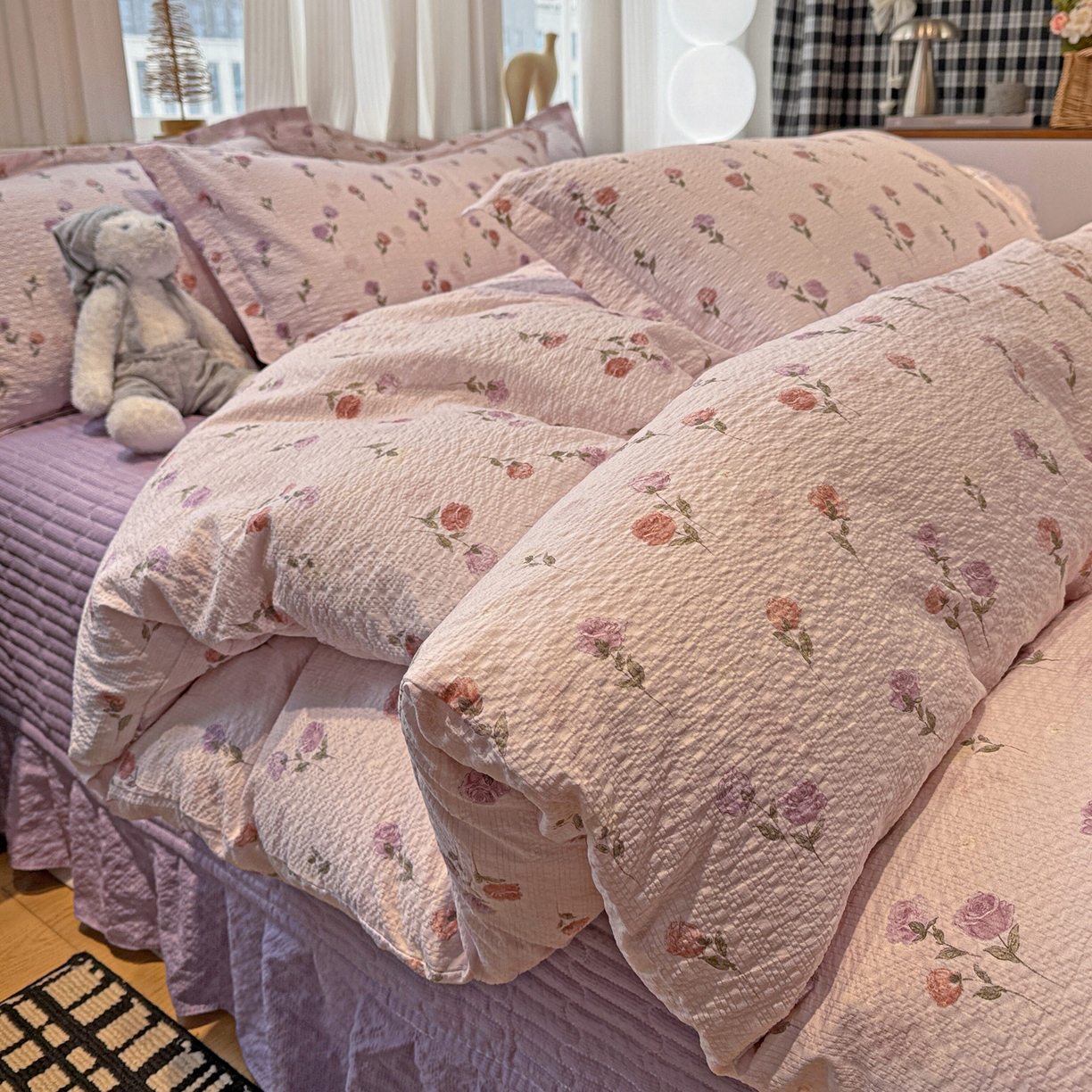 91家纺网 家纺一手货源 找家纺 富米莱（原臻工厂） 2026新款云感泡芙棉小清新印花简约床盖床裙四件套一小红书推荐 简约-紫玫瑰