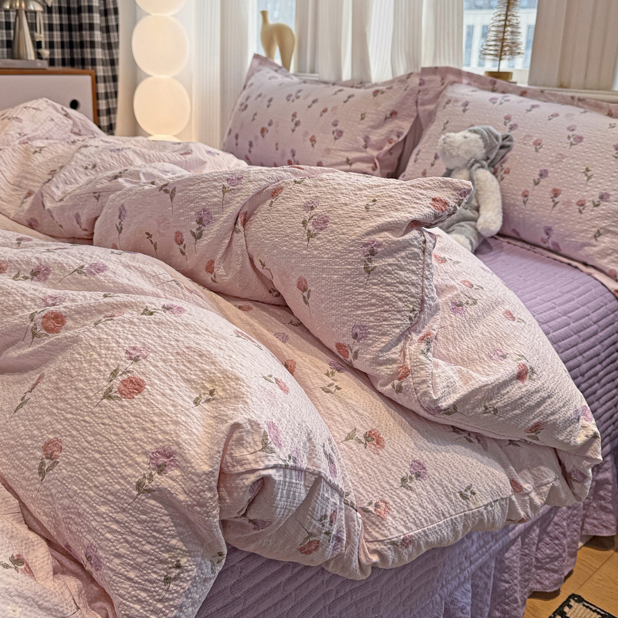 91家纺网 家纺一手货源 找家纺 富米莱（原臻工厂） 2026新款云感泡芙棉小清新印花简约床盖床裙四件套一小红书推荐 简约-紫玫瑰