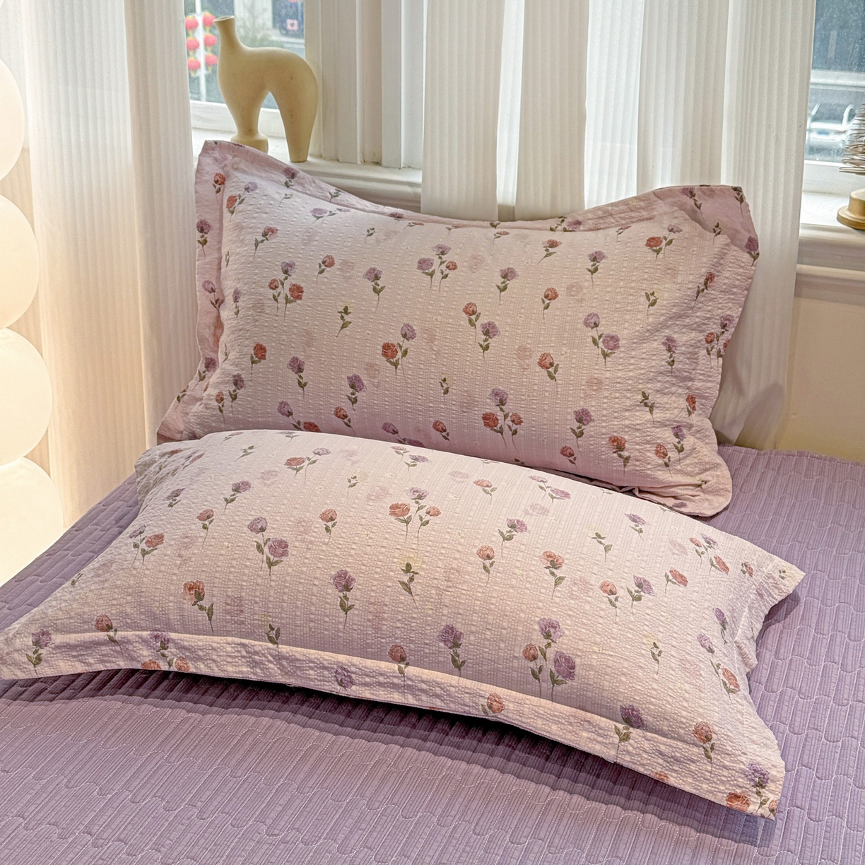 91家纺网 家纺一手货源 找家纺 富米莱（原臻工厂） 2026新款云感泡芙棉小清新印花简约床盖床裙四件套一小红书推荐 简约-紫玫瑰