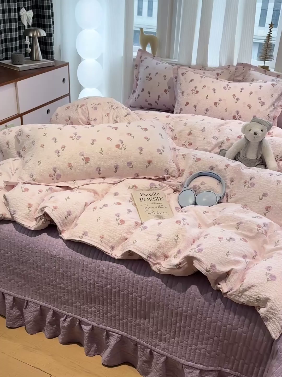 91家纺网 家纺一手货源 找家纺 富米莱（原臻工厂） 2026新款云感泡芙棉小清新印花简约床盖床裙四件套一小红书推荐 简约-紫玫瑰