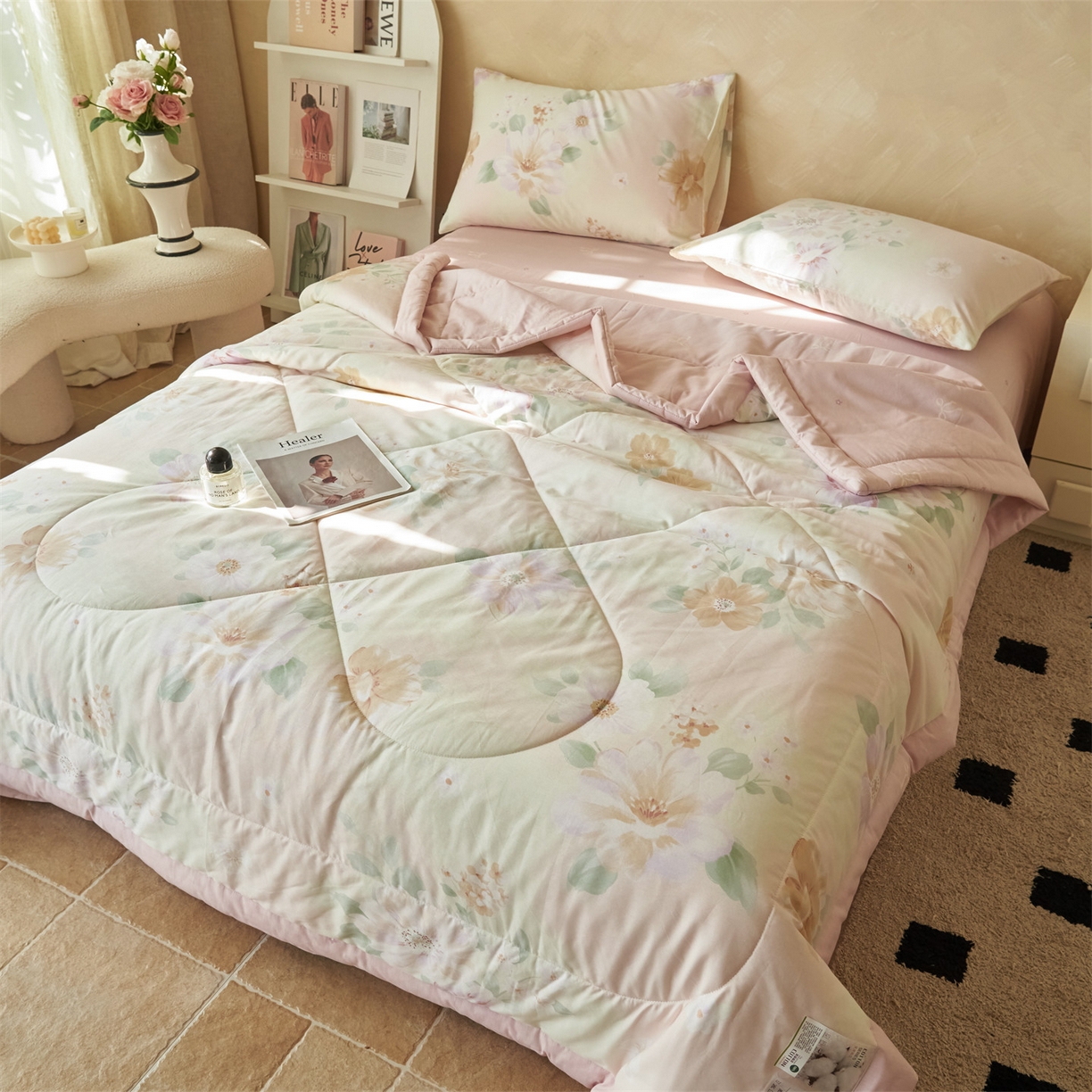 91家纺网 家纺一手货源 找家纺 恬思语家纺 2026春夏新款里外全棉印花棉花夏被空调被夏凉被夏被四件套 四季花园