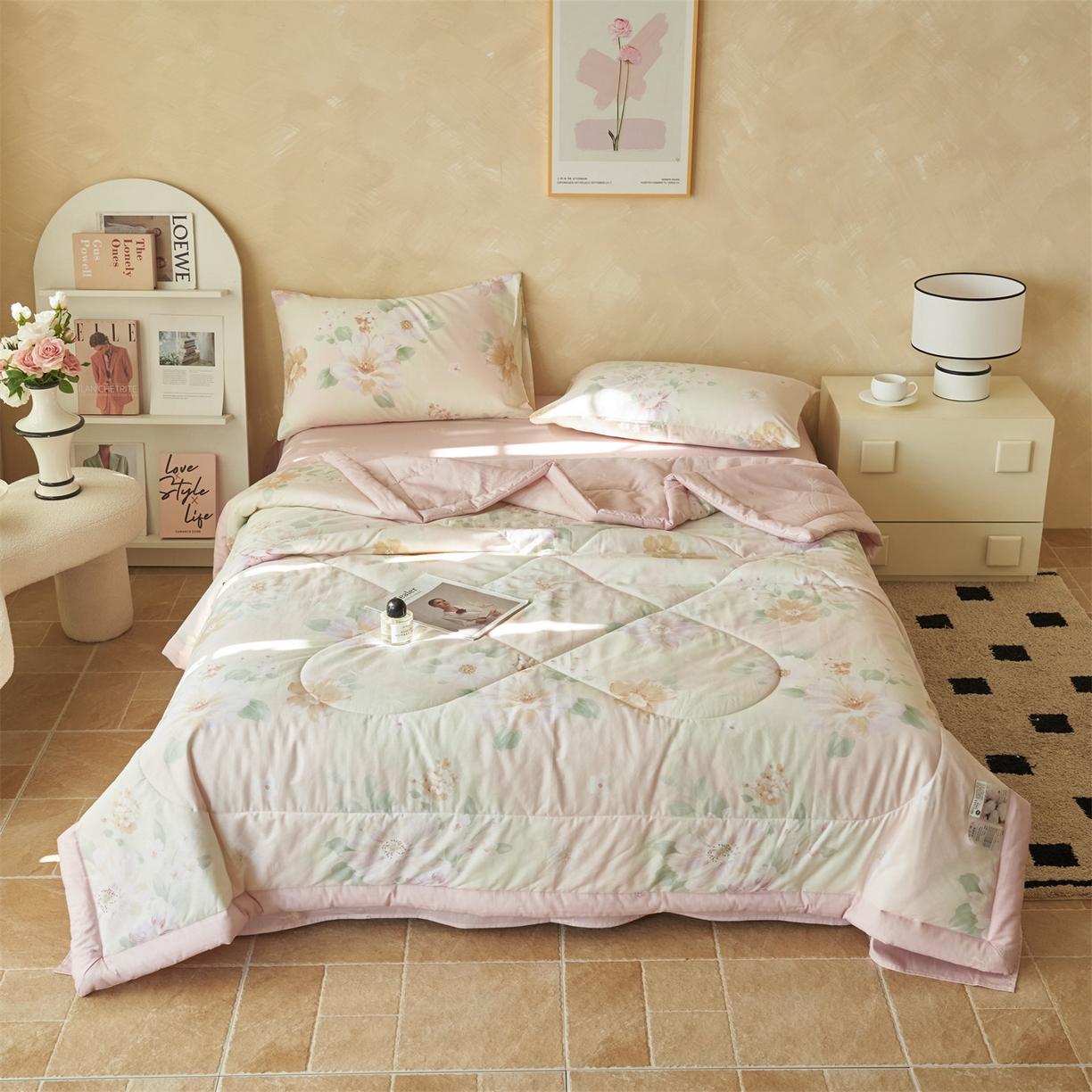 91家纺网 家纺一手货源 找家纺 恬思语家纺 2026春夏新款里外全棉印花棉花夏被空调被夏凉被夏被四件套 四季花园