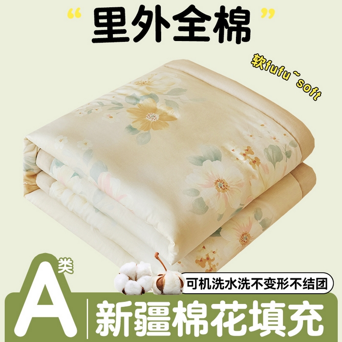 恬思语家纺 2026春夏新款里外全棉印花棉花夏被空调被夏凉被夏被四件套 四季花园-咖