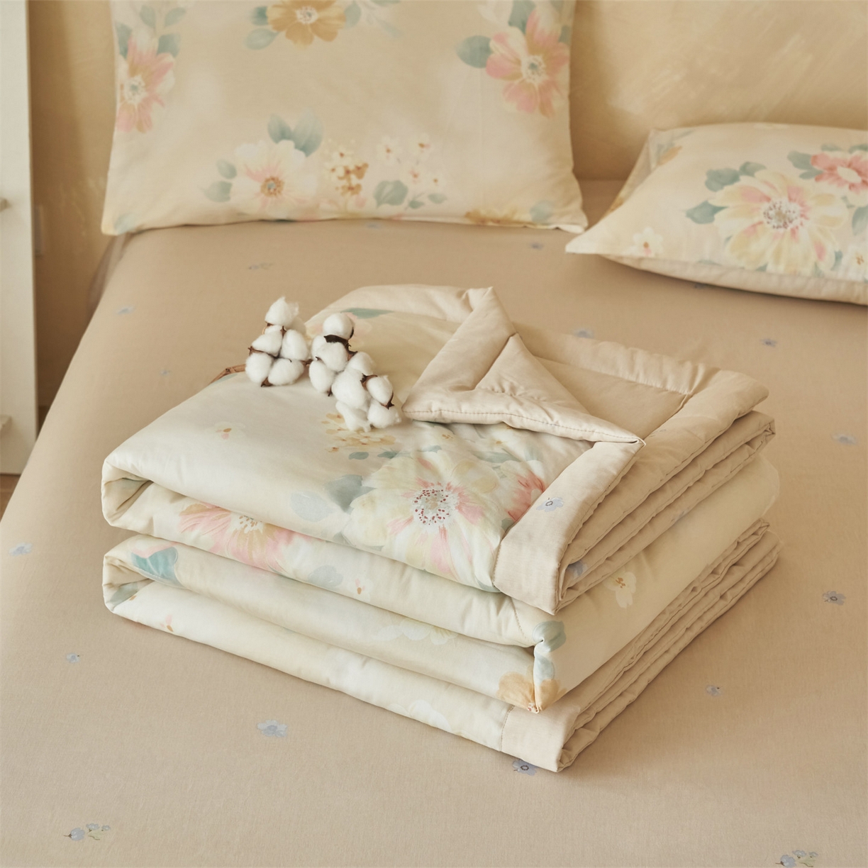 91家纺网 家纺一手货源 找家纺 恬思语家纺 2026春夏新款里外全棉印花棉花夏被空调被夏凉被夏被四件套 四季花园-咖