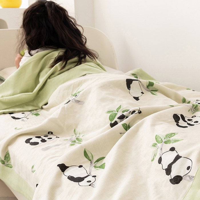 91家纺网 家纺一手货源 找家纺 嗨生活 2026新款7A抗菌全棉纱布夏被儿童夏被幼儿园夏被夏被毯 熊猫盼盼