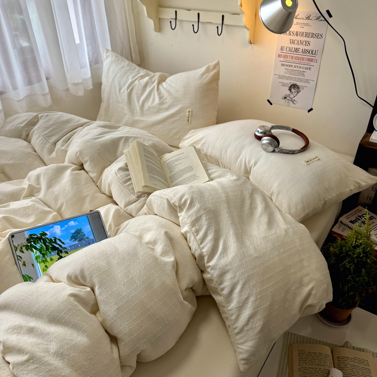 91家纺网 家纺一手货源 找家纺 阿曼达 2026新款简约素色亚麻风纯色无印四件套素然-场景二 素然-米白