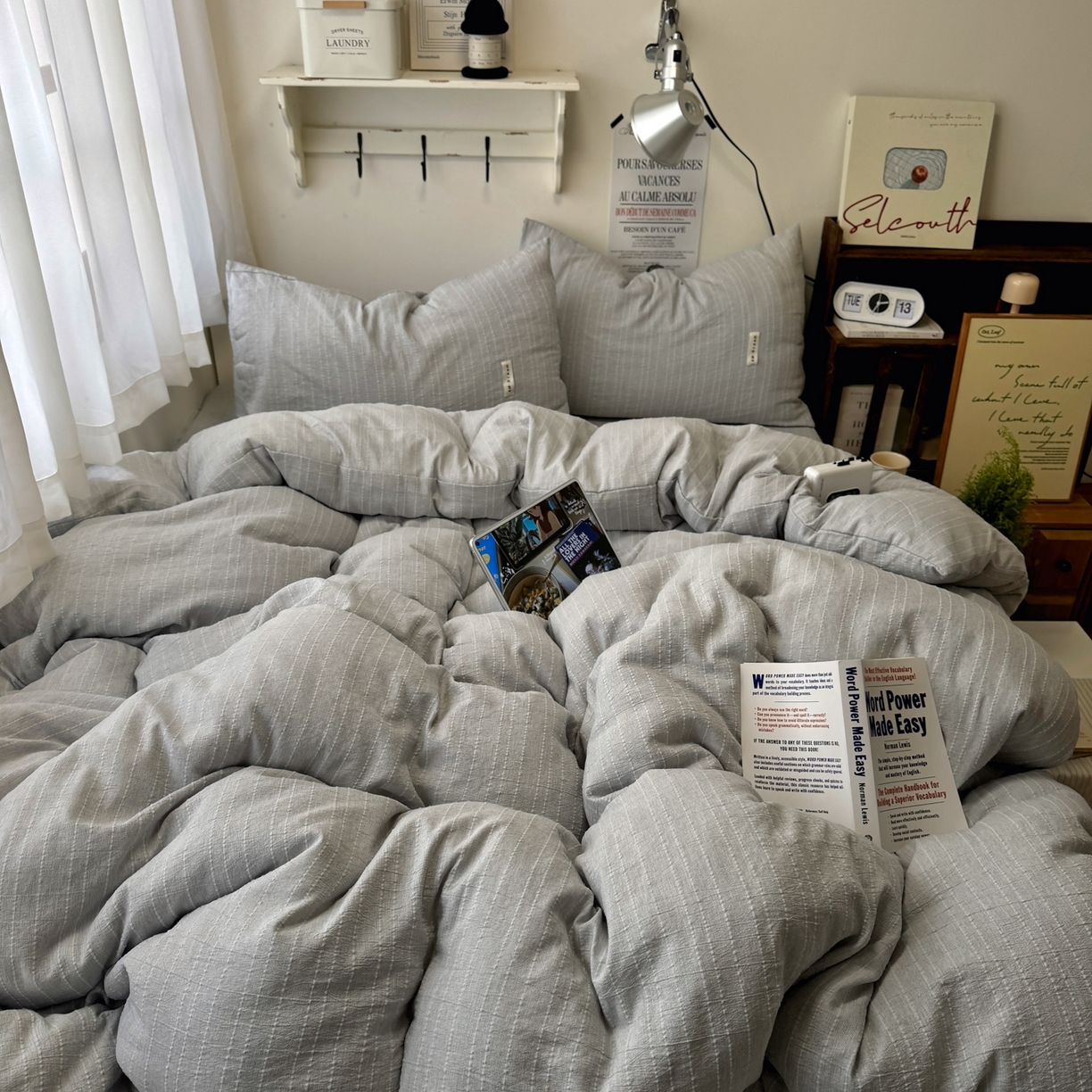 91家纺网 家纺一手货源 找家纺 阿曼达 2026新款简约素色亚麻风纯色无印四件套素然-场景二 素然-浅灰