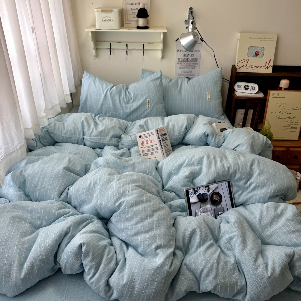 91家纺网 家纺一手货源 找家纺 阿曼达 2026新款简约素色亚麻风纯色无印四件套素然-场景二 素然-天兰