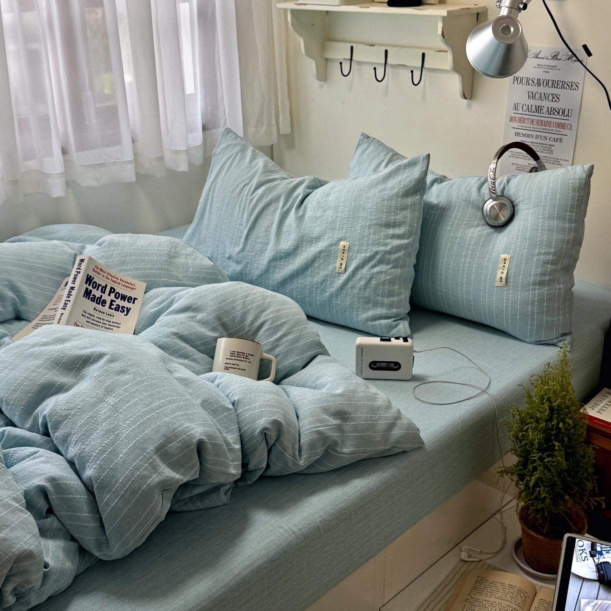 91家纺网 家纺一手货源 找家纺 阿曼达 2026新款简约素色亚麻风纯色无印四件套素然-场景二 素然-天兰