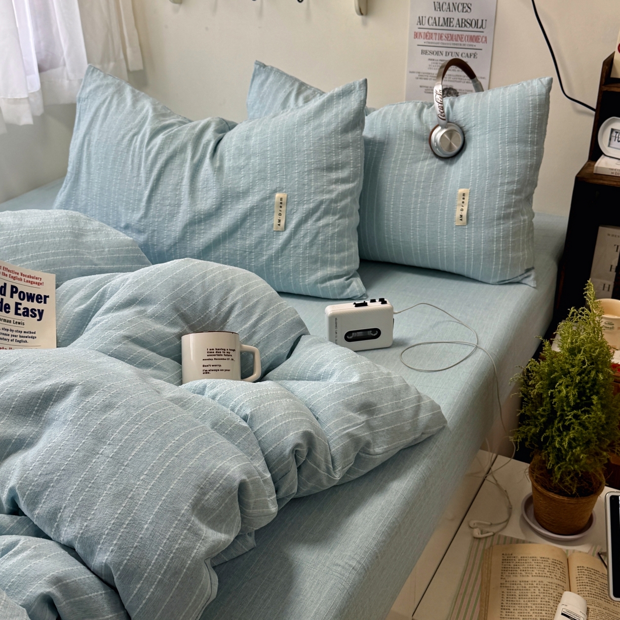 91家纺网 家纺一手货源 找家纺 阿曼达 2026新款简约素色亚麻风纯色无印四件套素然-场景二 素然-天兰