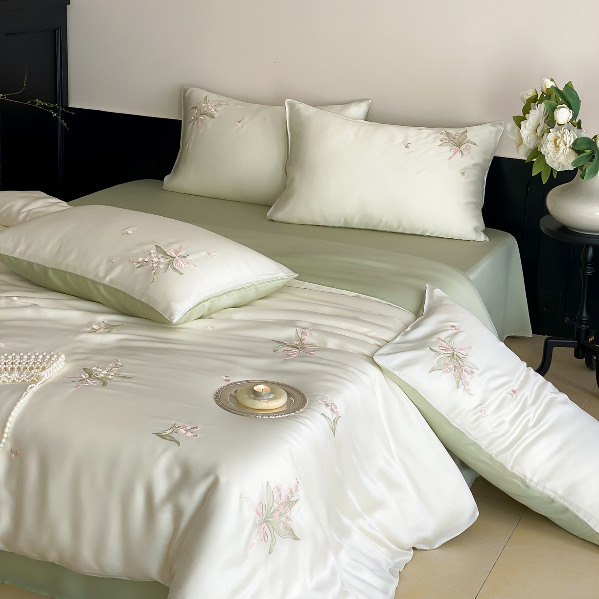 91家纺网 家纺一手货源 找家纺 云栖家居 2026款60支兰精天丝四件套-小香玲 小香铃-绿